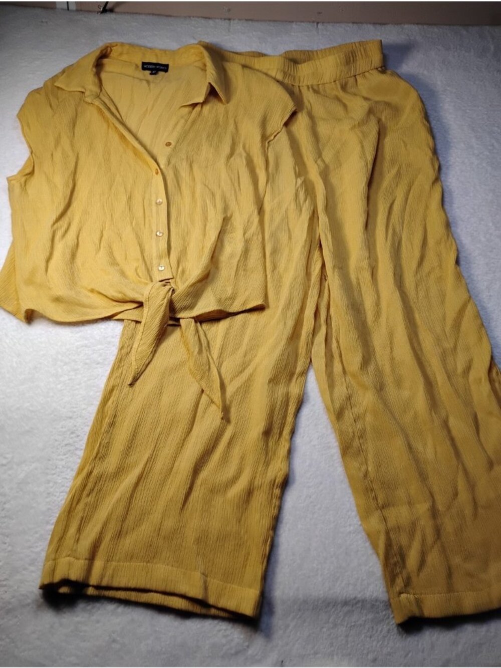 Vtg Modern Works 2 Pc Outfit Top & Wide Leg Pant Casual Resort Size M Yellow